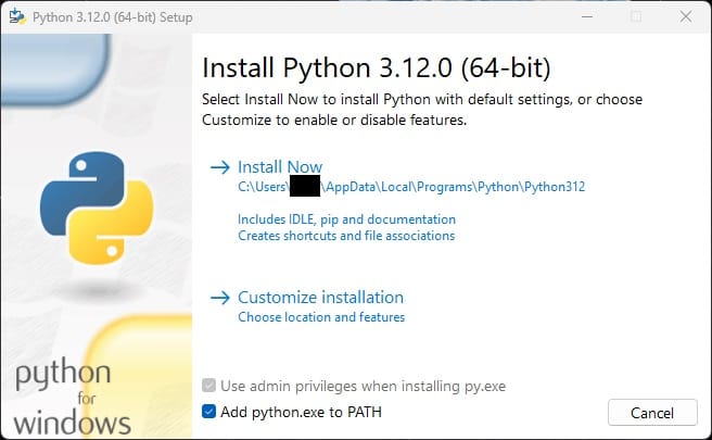 Installation window showing the 'add python.exe to PATH' checked"