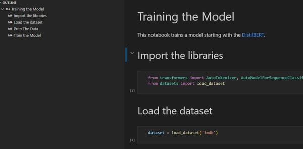 A screenshot of a jupyter notebook demonstrating outline on the left side, and the code and text on the right